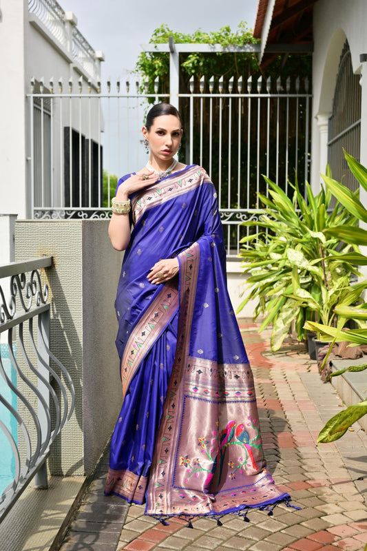 Royal Blue Silk Saree Woven ButtaContrast Pink Peacock Pallu Border