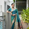 Teal Green Silk Saree Woven Butta Beige Peacock Pallu Zari Border 