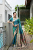 Teal Green Silk Saree Woven Butta Beige Peacock Pallu Zari Border 