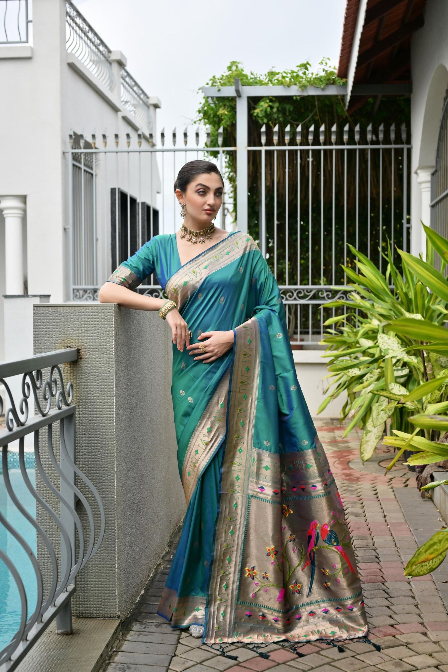 Teal Green Silk Saree Woven Butta Beige Peacock Pallu Zari Border 