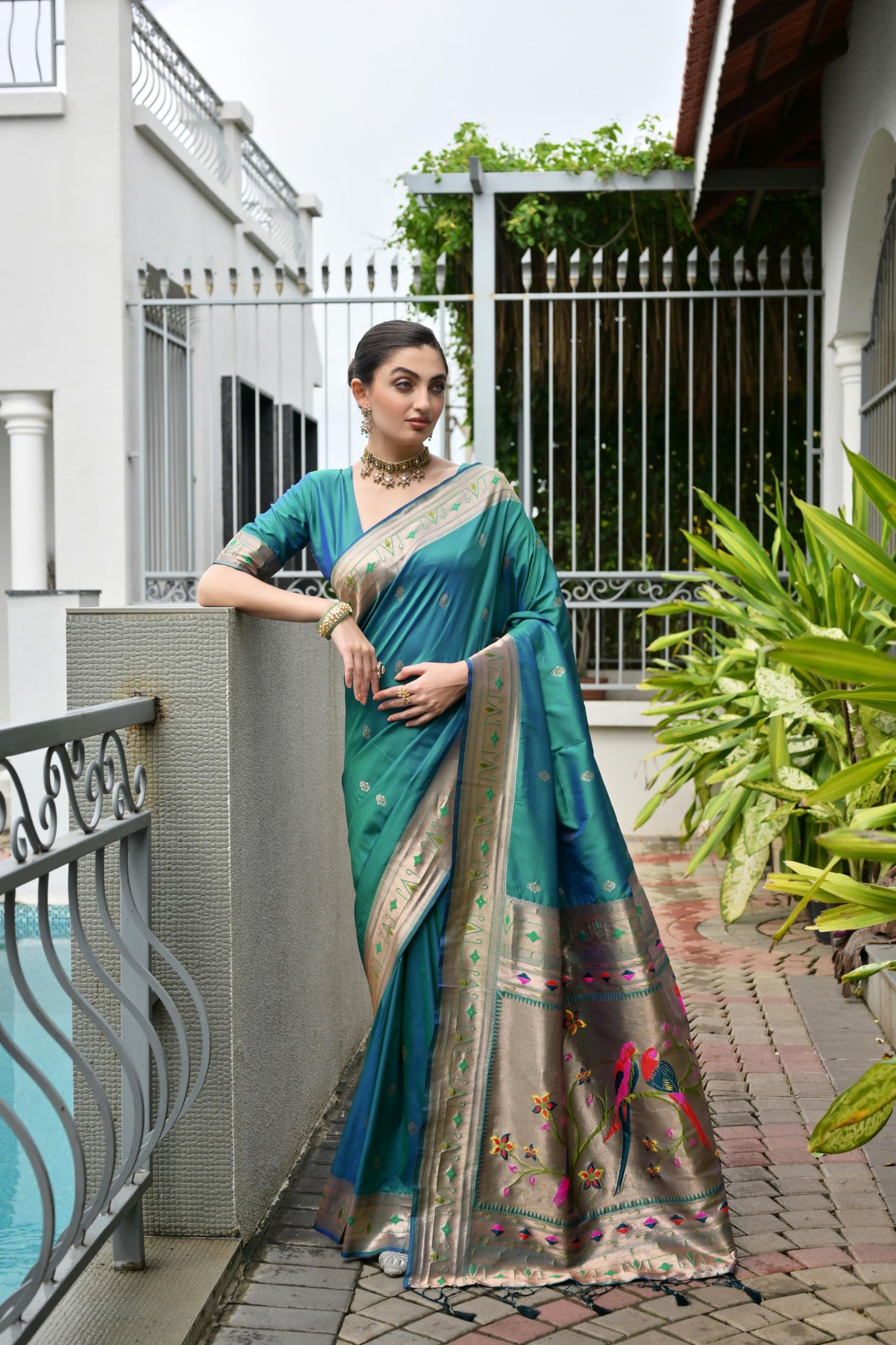 Teal Green Silk Saree Woven Butta Beige Peacock Pallu Zari Border 