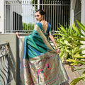 Teal Green Silk Saree Woven Butta Beige Peacock Pallu Zari Border