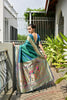 Teal Green Silk Saree Woven Butta Beige Peacock Pallu Zari Border
