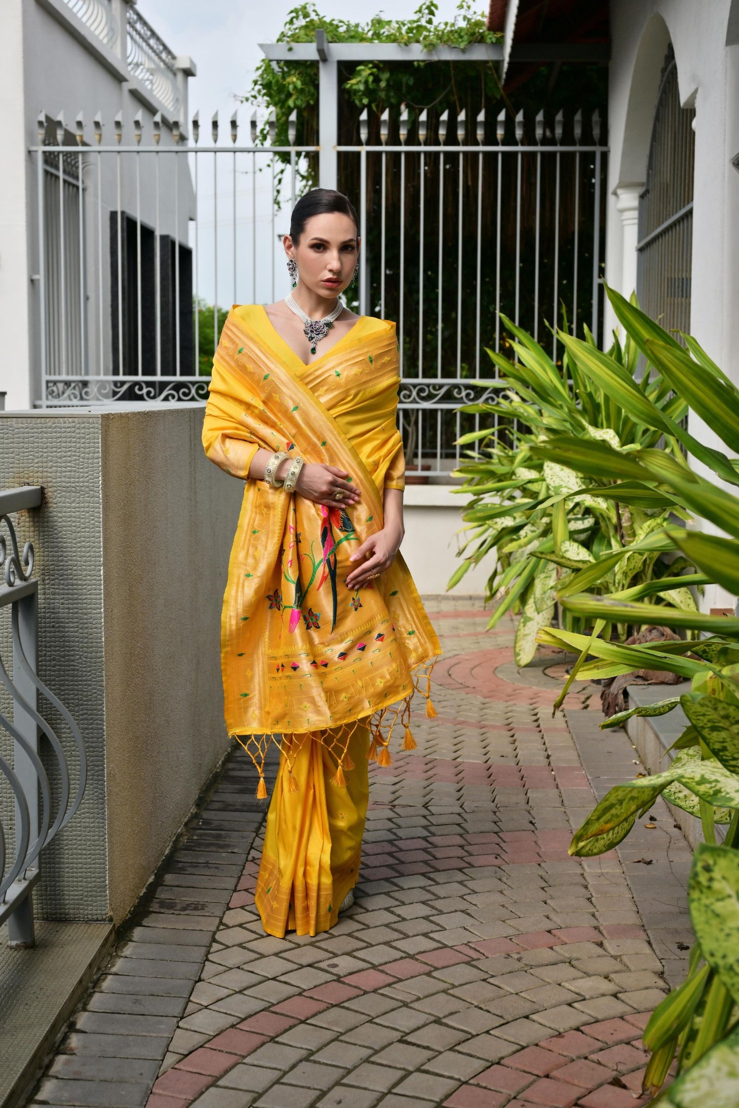 Mustard Yellow Silk Saree with Woven Butta Golden Peacock Pallu