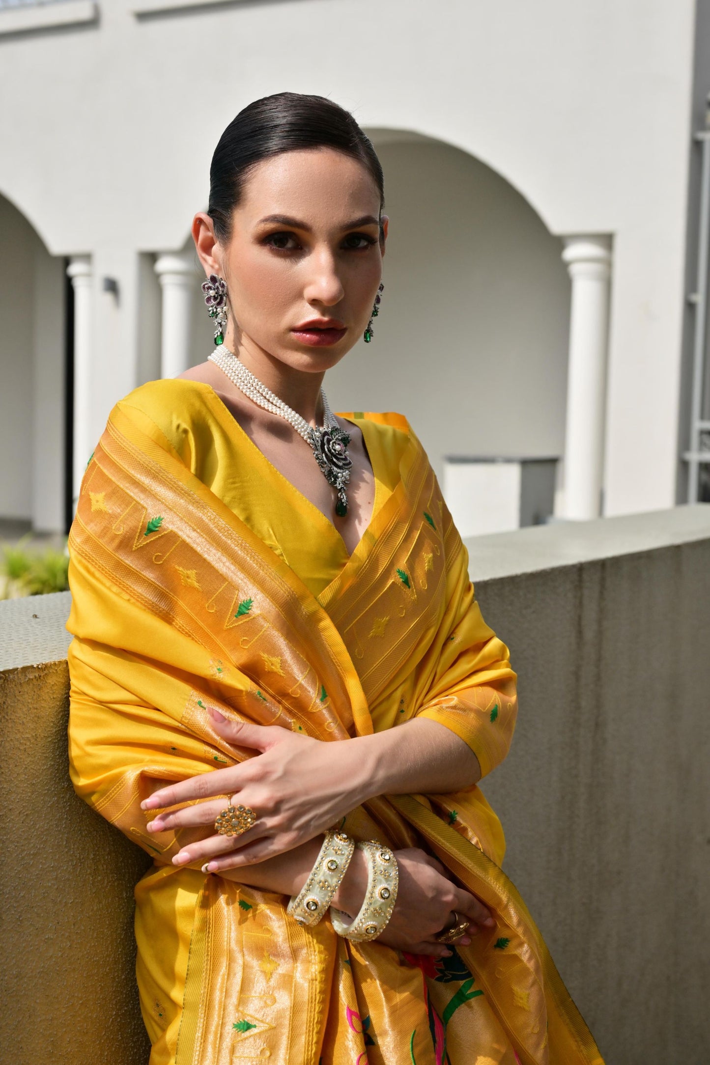 Mustard Yellow Silk Saree with Woven Butta Golden Peacock Pallu