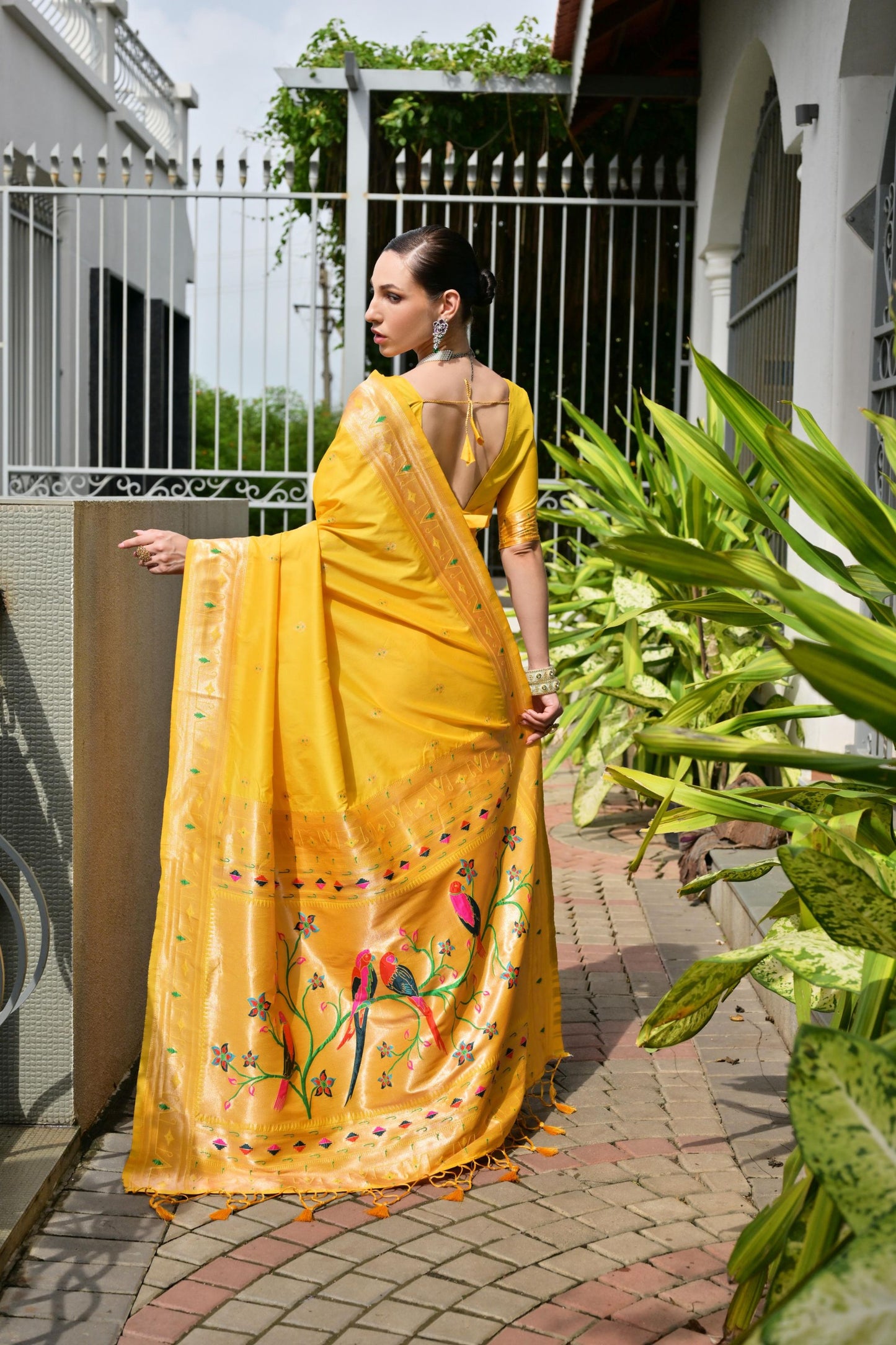 Mustard Yellow Silk Saree with Woven Butta Golden Peacock Pallu