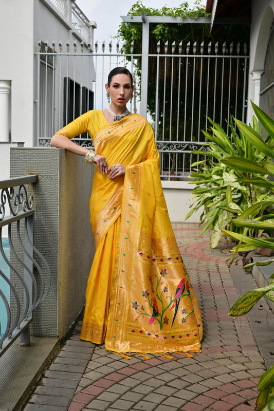 Mustard Yellow Silk Saree with Woven Butta Golden Peacock Pallu 