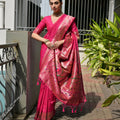 Rani Pink Silk Saree Woven Butta, Contrast Rose Gold Peacock Pallu