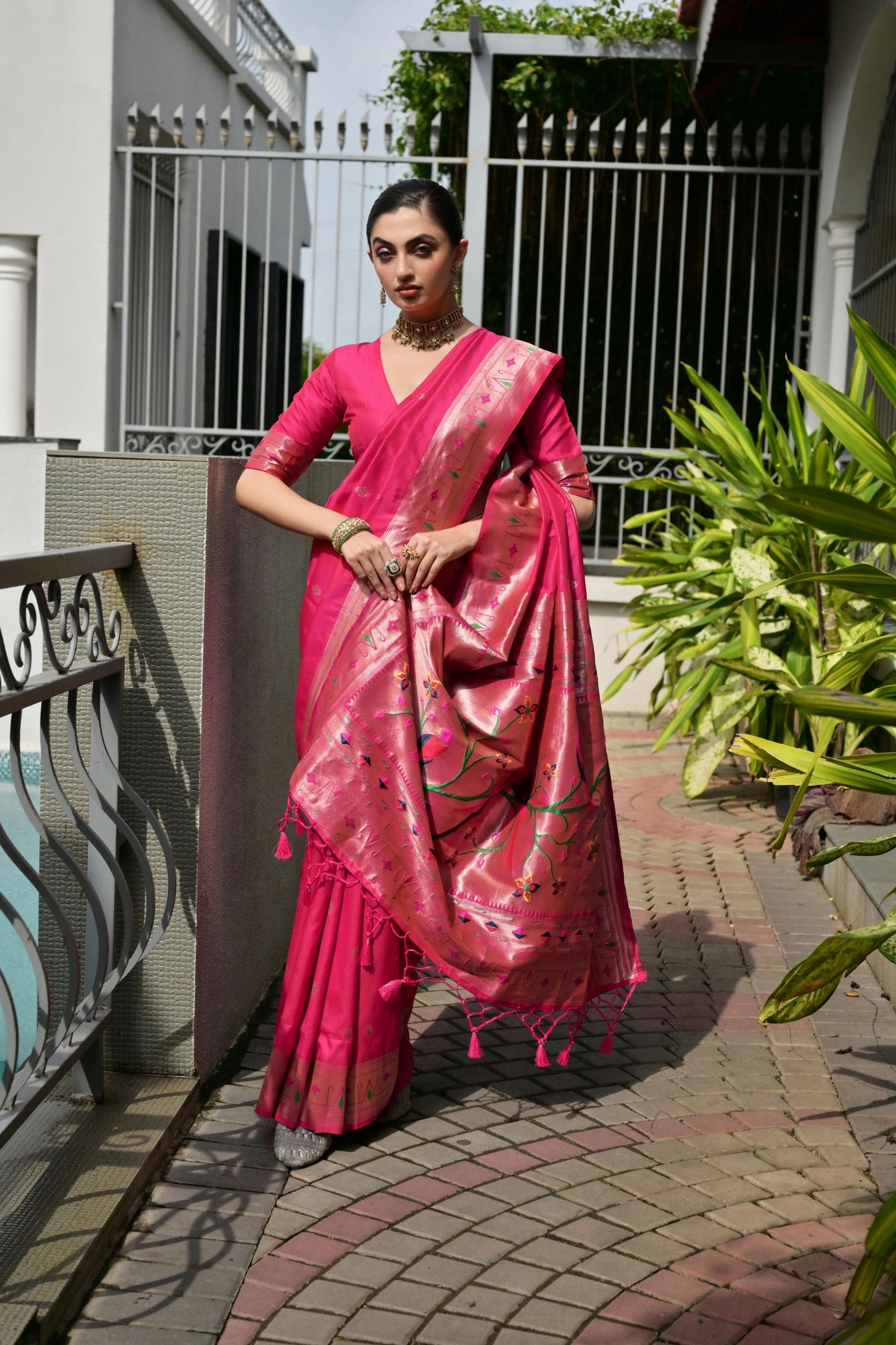 Rani Pink Silk Saree Woven Butta, Contrast Rose Gold Peacock Pallu