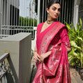 Rani Pink Silk Saree Woven Butta, Contrast Rose Gold Peacock Pallu