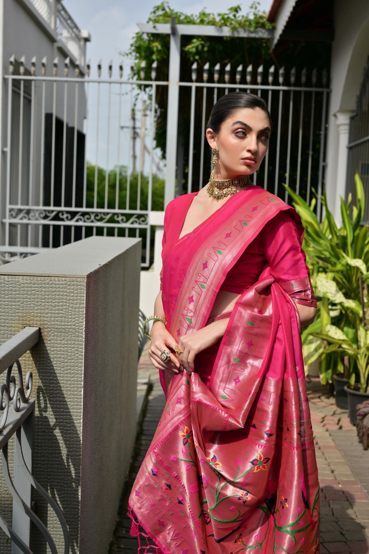 Rani Pink Silk Saree Woven Butta, Contrast Rose Gold Peacock Pallu