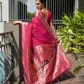 Rani Pink Silk Saree Woven Butta, Contrast Rose Gold Peacock Pallu