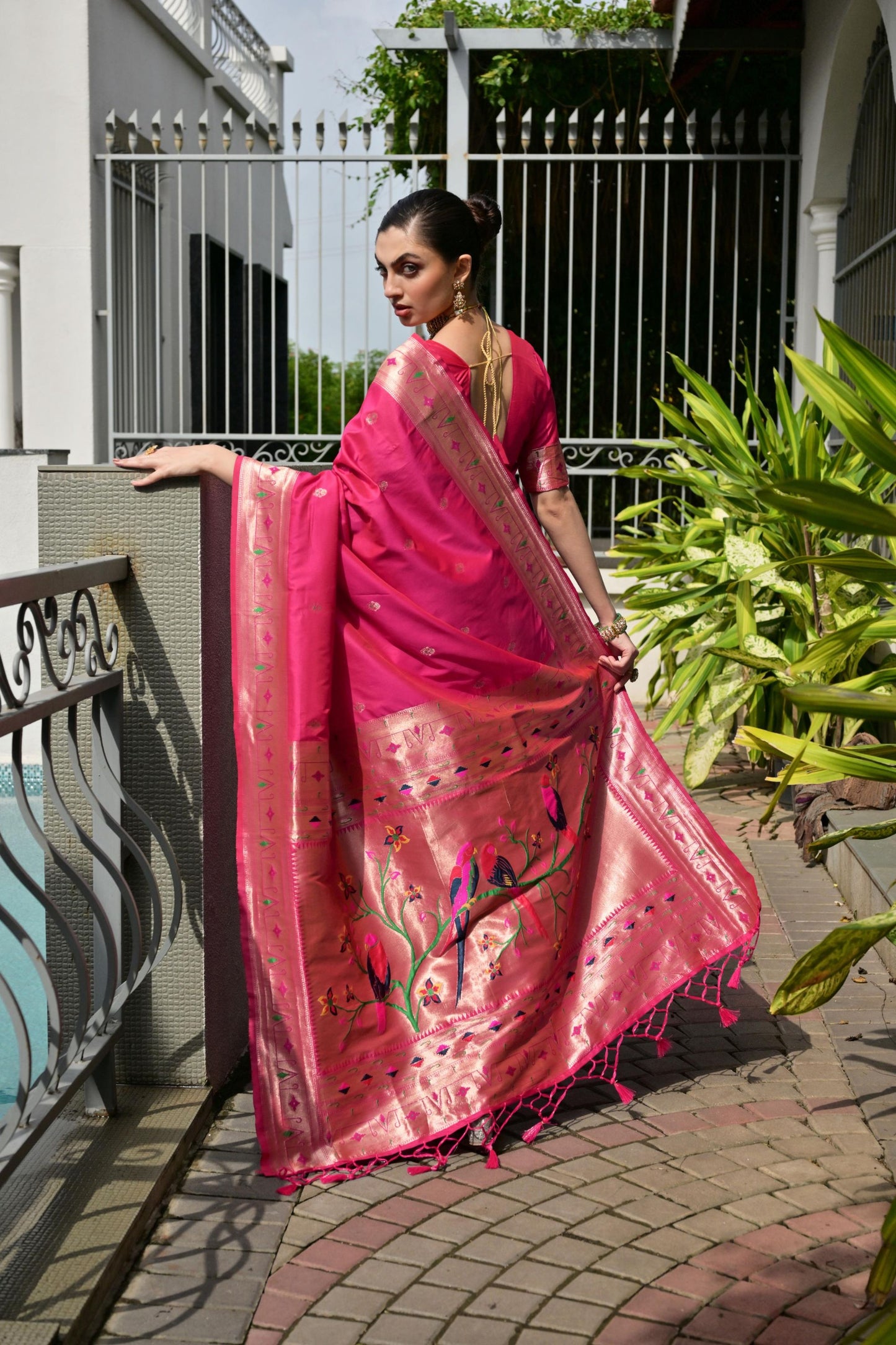 Rani Pink Silk Saree Woven Butta, Contrast Rose Gold Peacock Pallu