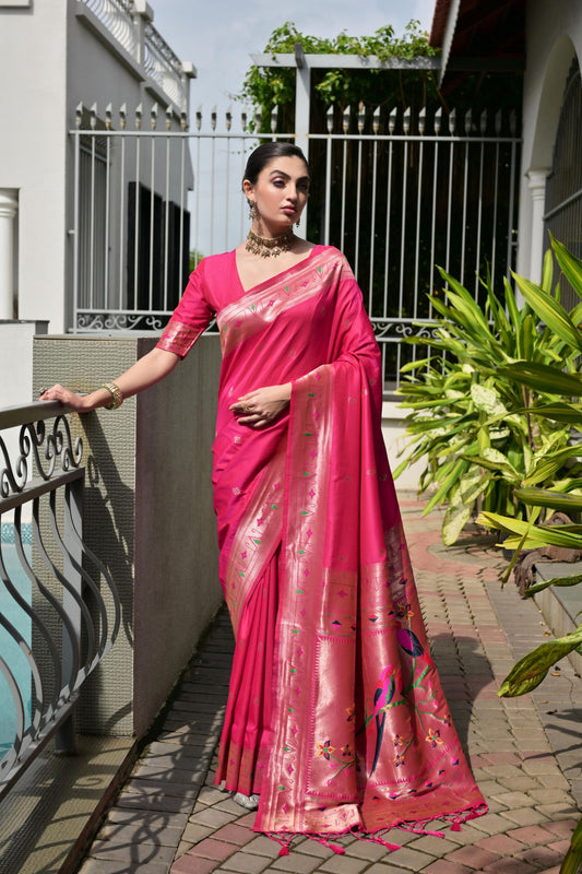Rani Pink Silk Saree Woven Butta, Contrast Rose Gold Peacock Pallu 