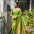 Parrot Green Silk Saree Woven Butta Contrast Golden Peacock Pallu 