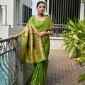 Parrot Green Silk Saree Woven Butta Contrast Golden Peacock Pallu