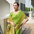 Parrot Green Silk Saree Woven Butta Contrast Golden Peacock Pallu