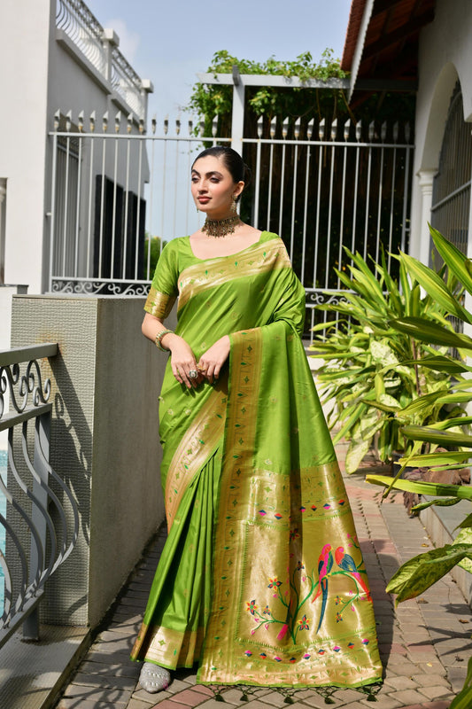 Parrot Green Silk Saree Woven Butta Contrast Golden Peacock Pallu 