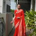  Red Silk Saree with Woven Butta Contrast Golden Peacock Pallu 