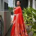 Red Silk Saree with Woven Butta Contrast Golden Peacock Pallu