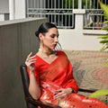 Red Silk Saree with Woven Butta Contrast Golden Peacock Pallu