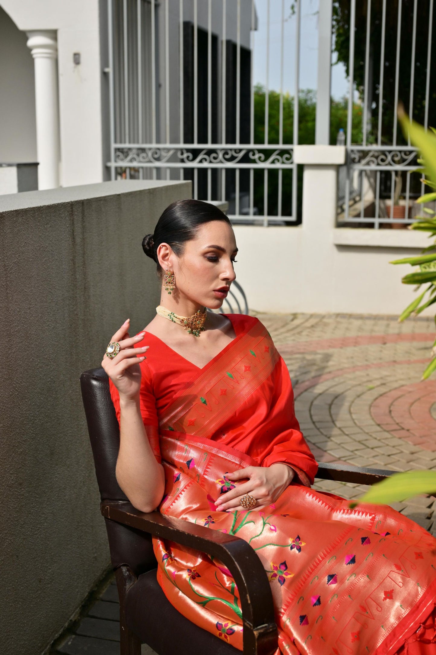 Red Silk Saree with Woven Butta Contrast Golden Peacock Pallu