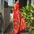 Red Silk Saree with Woven Butta Contrast Golden Peacock Pallu