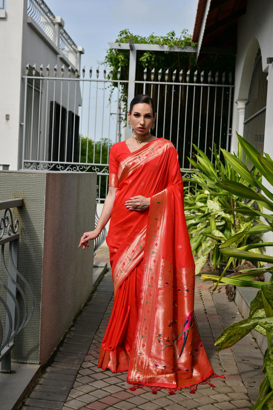  Red Silk Saree with Woven Butta Contrast Golden Peacock Pallu 
