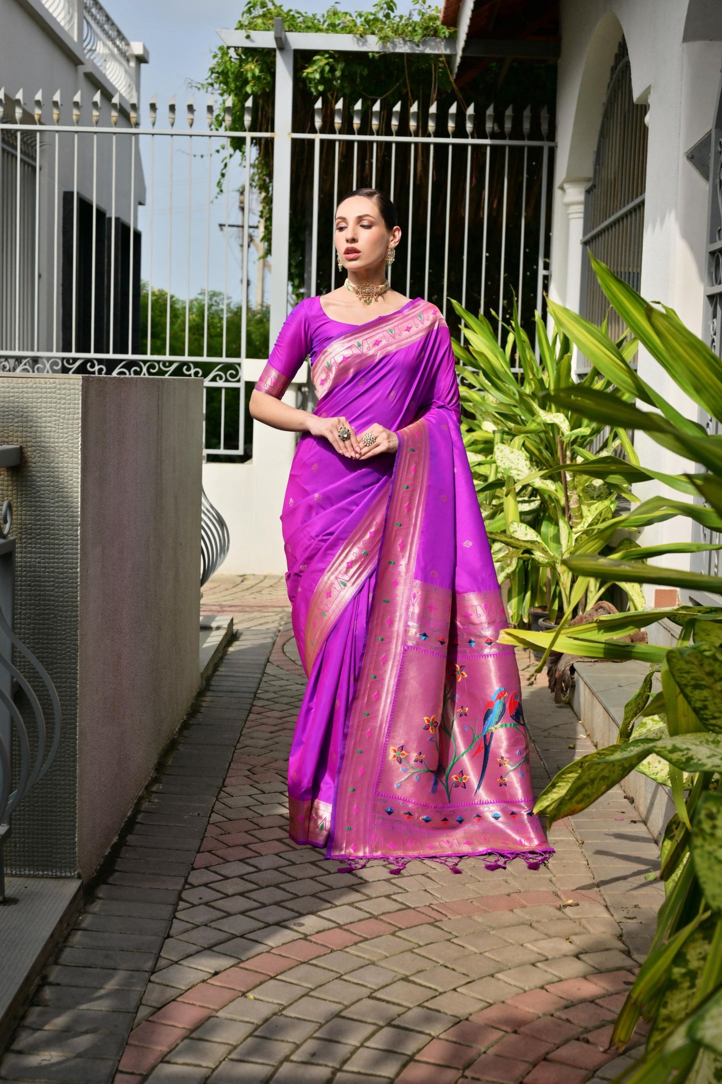 Royal Purple Silk Saree Peacock Floral Woven Pallu, Golden Zari Border