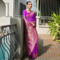 Royal Purple Silk Saree Peacock Floral Woven Pallu, Golden Zari Border