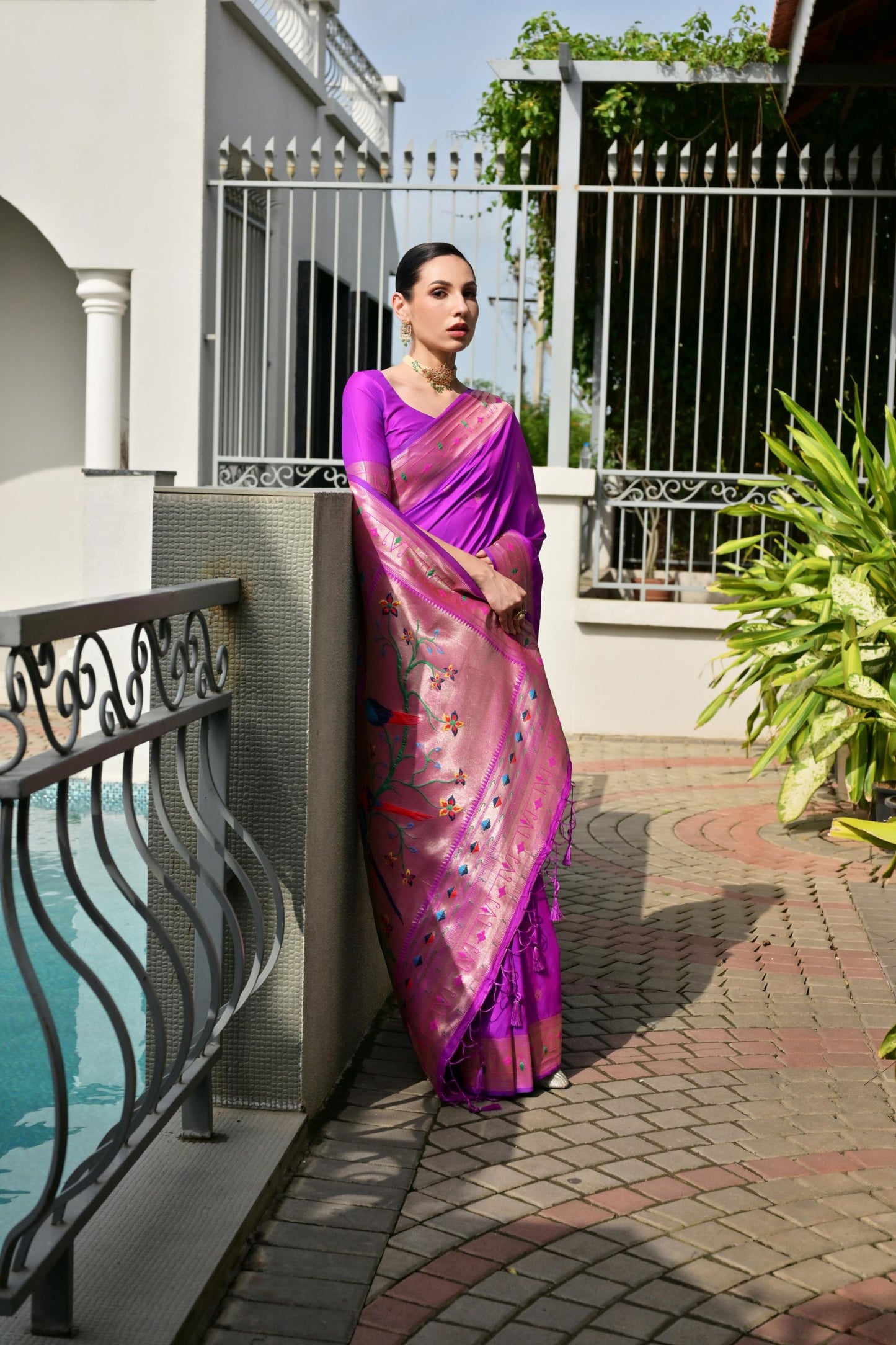 Royal Purple Silk Saree Peacock Floral Woven Pallu, Golden Zari Border
