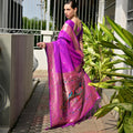 Royal Purple Silk Saree Peacock Floral Woven Pallu, Golden Zari Border