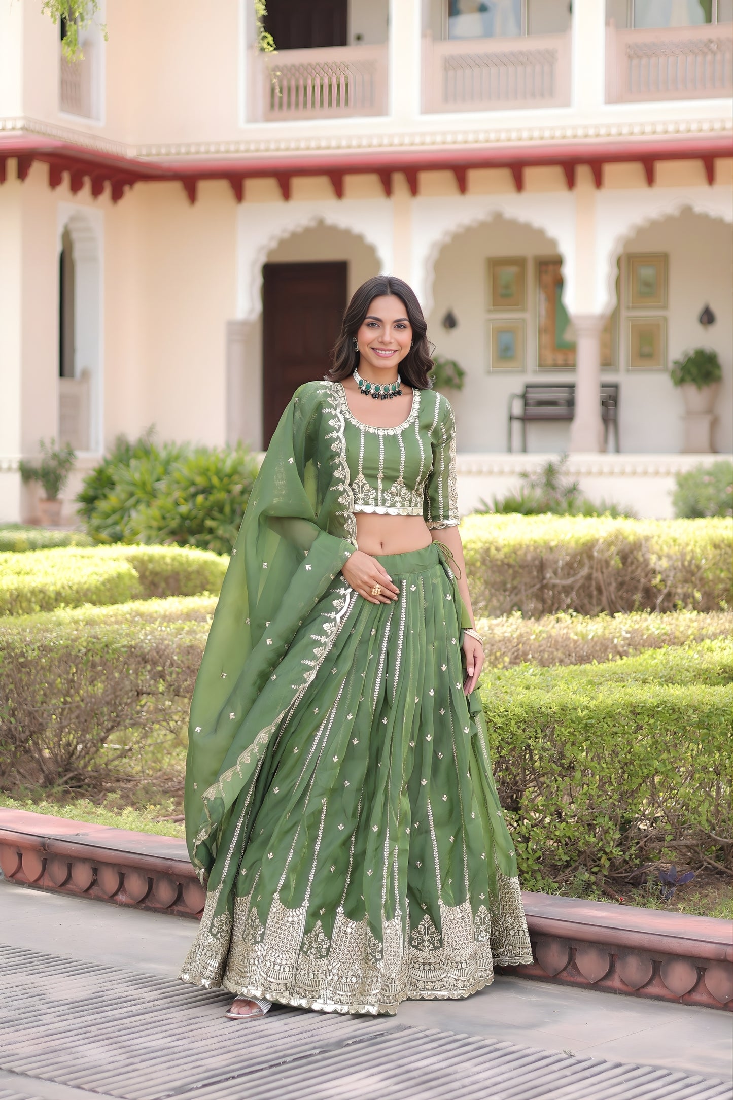 Wonderful Green Embroidered Gold Crush Lehenga Choli with Matching Dupatta for Wedding