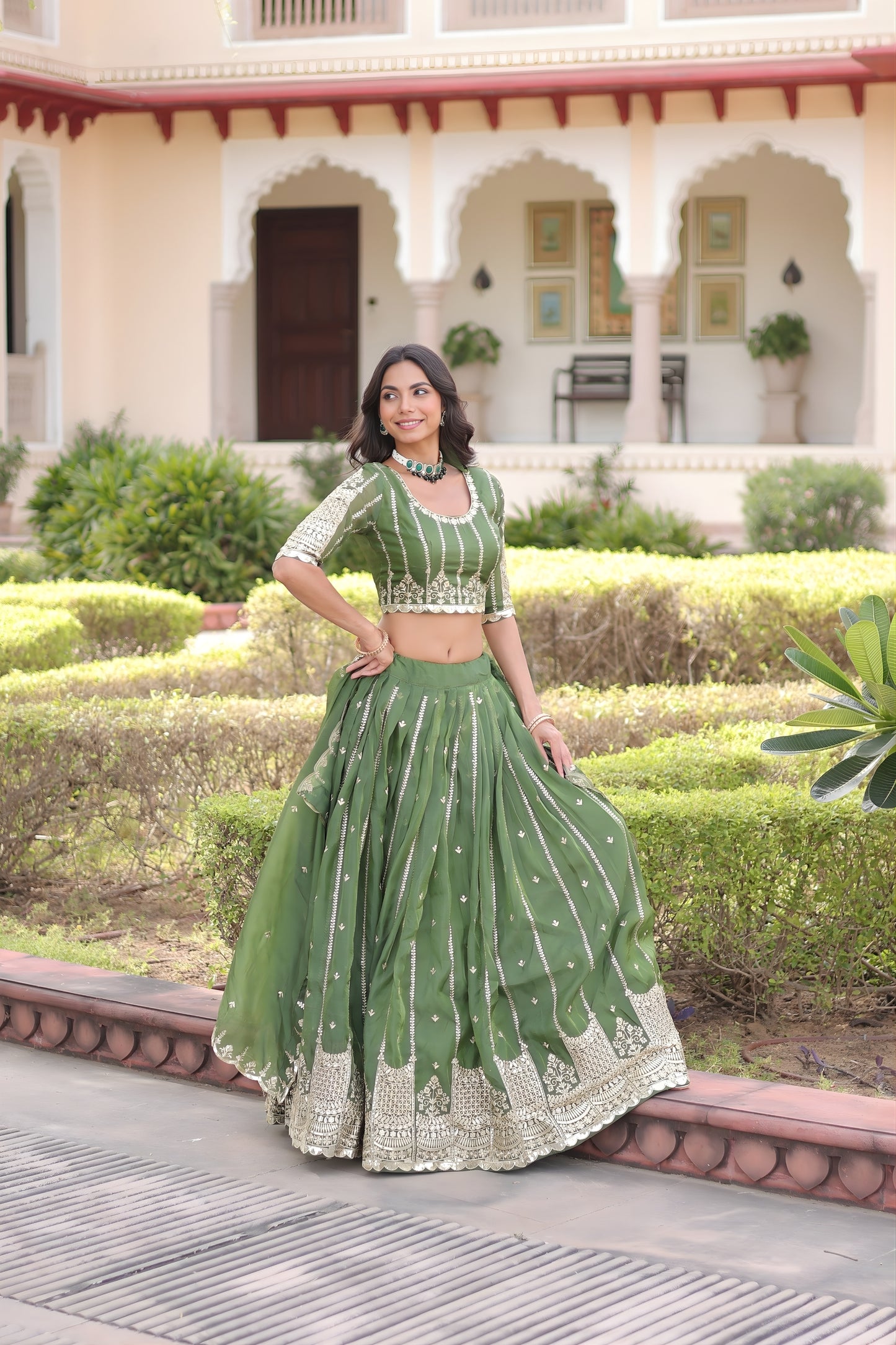 Wonderful Green Embroidered Gold Crush Lehenga Choli with Matching Dupatta for Wedding