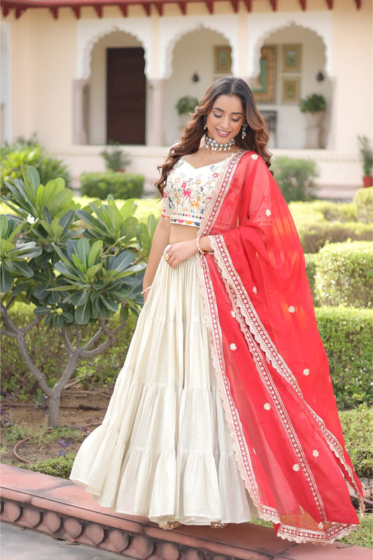 Graceful Off-White Embroidered Cosmos Silk Lehenga Choli with Red Dupatta for Wedding