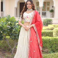 Graceful Off-White Embroidered Cosmos Silk Lehenga Choli with Red Dupatta for Wedding