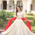 Graceful Off-White Embroidered Cosmos Silk Lehenga Choli with Red Dupatta for Wedding