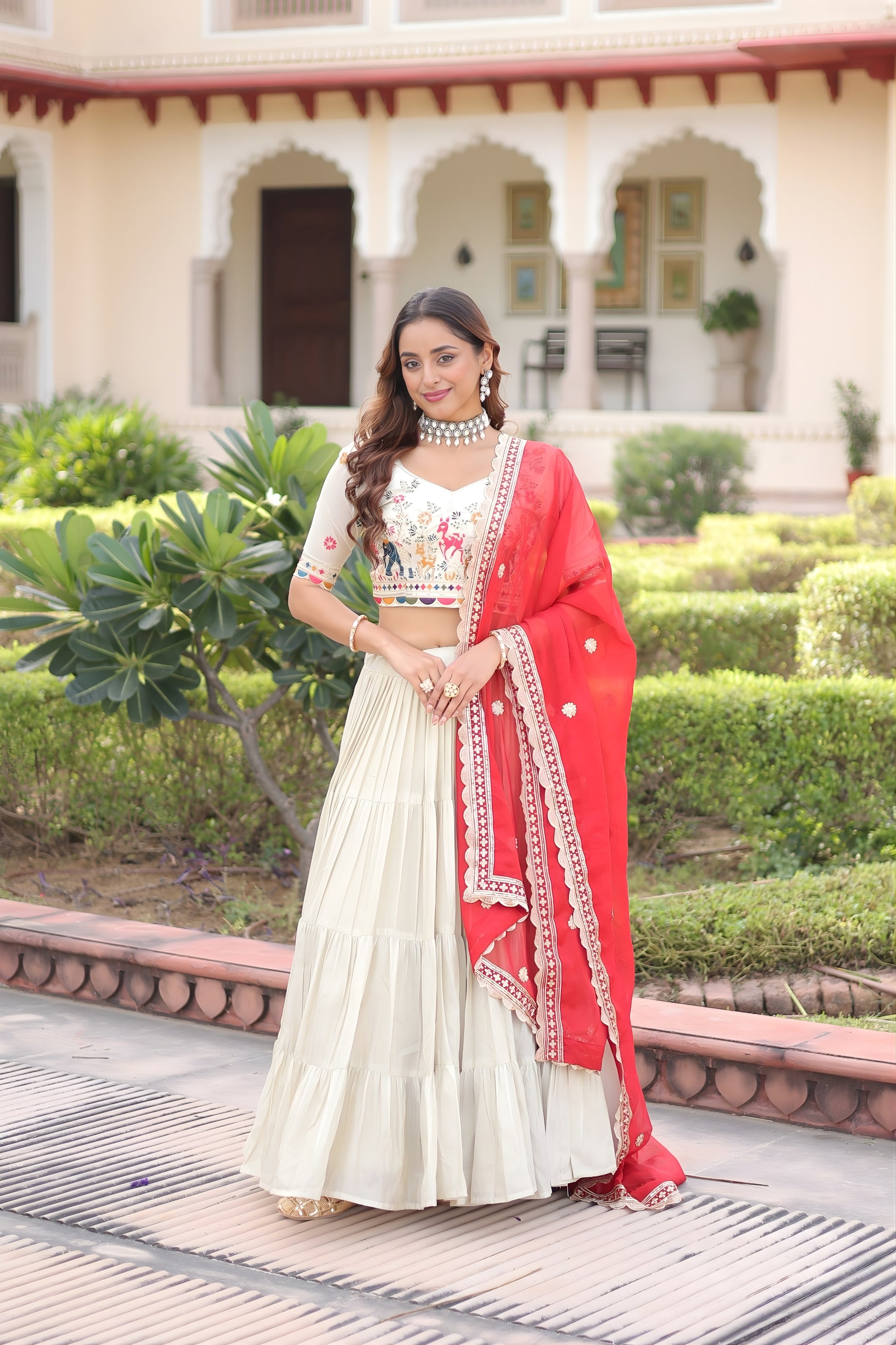 Graceful Off-White Embroidered Cosmos Silk Lehenga Choli with Red Dupatta for Wedding