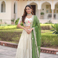 Fabulous Off-White Embroidered Cosmos Silk Lehenga Choli with Green Dupatta for Wedding