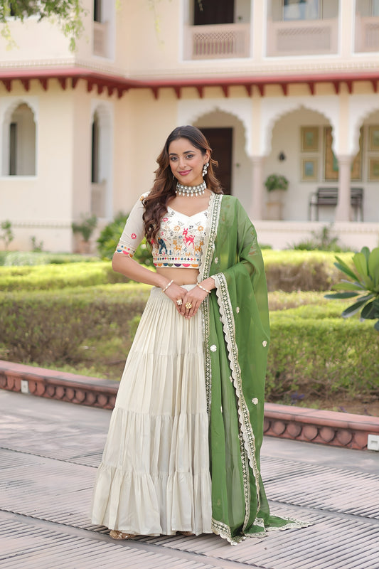Fabulous Off-White Embroidered Cosmos Silk Lehenga Choli with Green Dupatta for Wedding