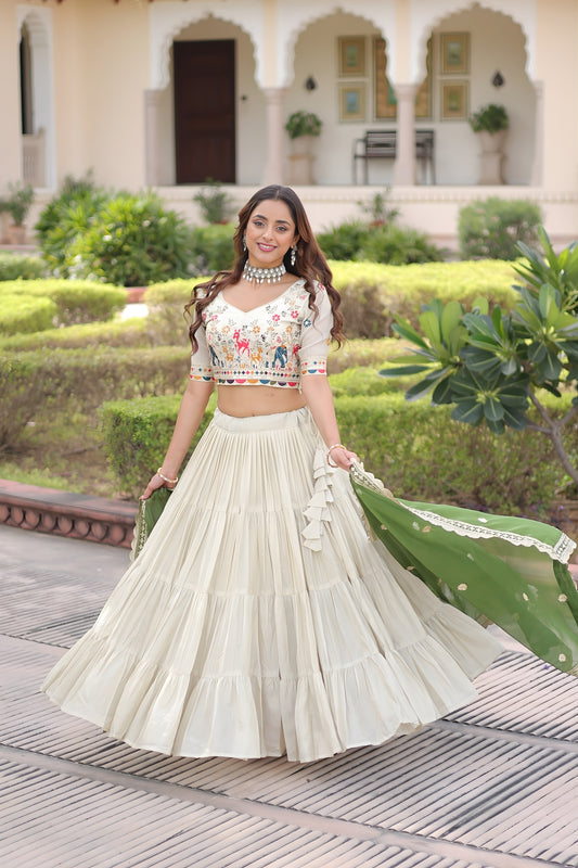 Fabulous Off-White Embroidered Cosmos Silk Lehenga Choli with Green Dupatta for Wedding