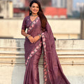 Wine Purple Embroidered Saree Floral Border with Matching Blouse 