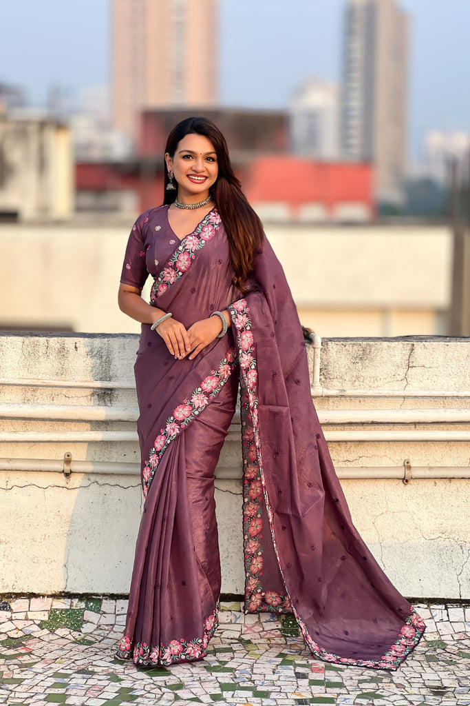 Wine Purple Embroidered Saree Floral Border with Matching Blouse 