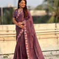 Wine Purple Embroidered Saree Floral Border with Matching Blouse