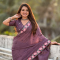 Wine Purple Embroidered Saree Floral Border with Matching Blouse