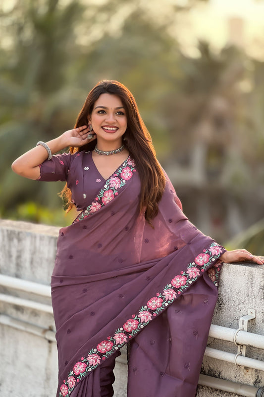 Wine Purple Embroidered Saree Floral Border with Matching Blouse