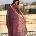 Wine Purple Embroidered Saree Floral Border with Matching Blouse