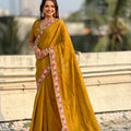 Mustard Yellow Embroidered Saree Floral Border with Matching Blouse 
