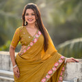 Mustard Yellow Embroidered Saree Floral Border with Matching Blouse