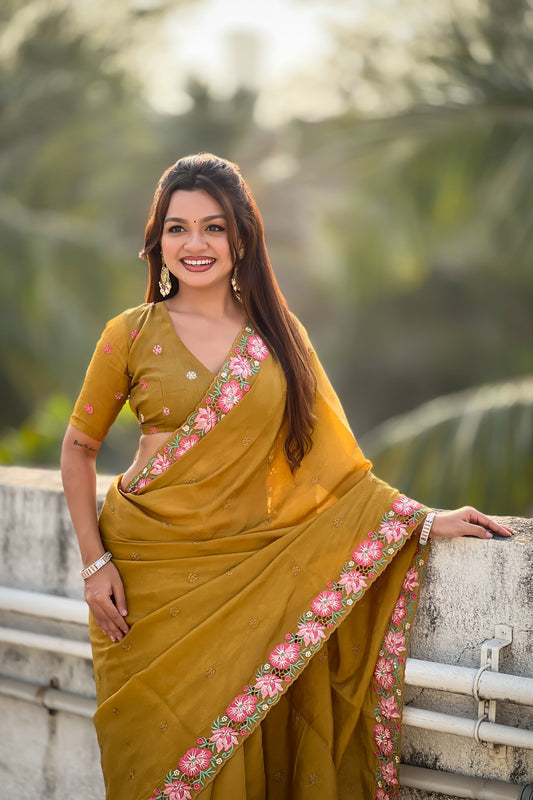 Mustard Yellow Embroidered Saree Floral Border with Matching Blouse